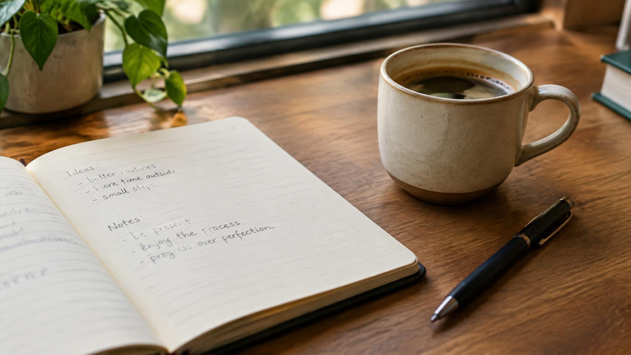 Open notebook with handwriting next to a cup of coffee on a wooden desk