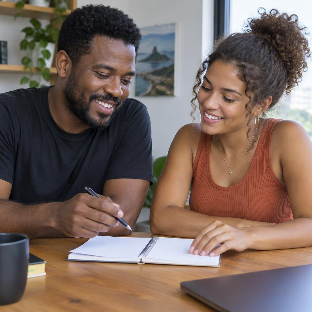Two brazilian colleagues reviewing notes together and smiling