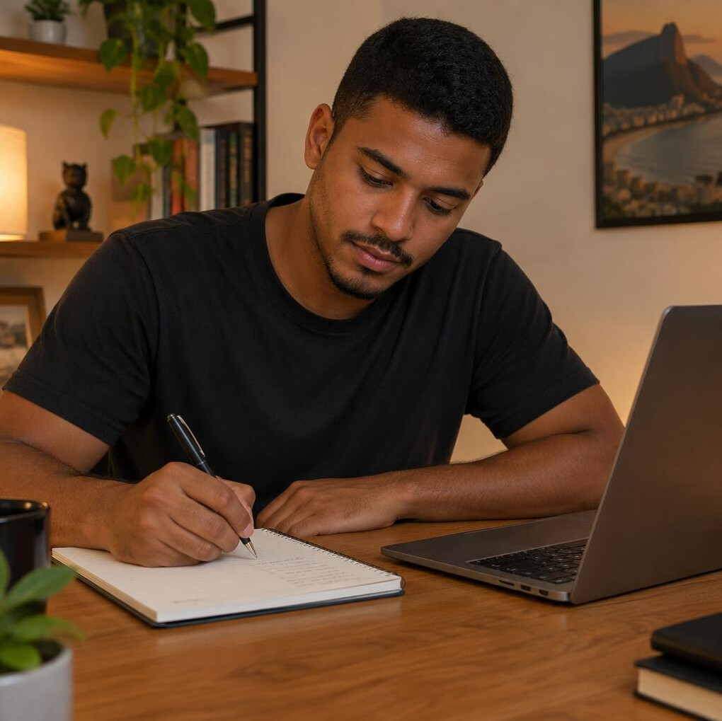 Brazilian man writing notes at a desk with a laptop nearby